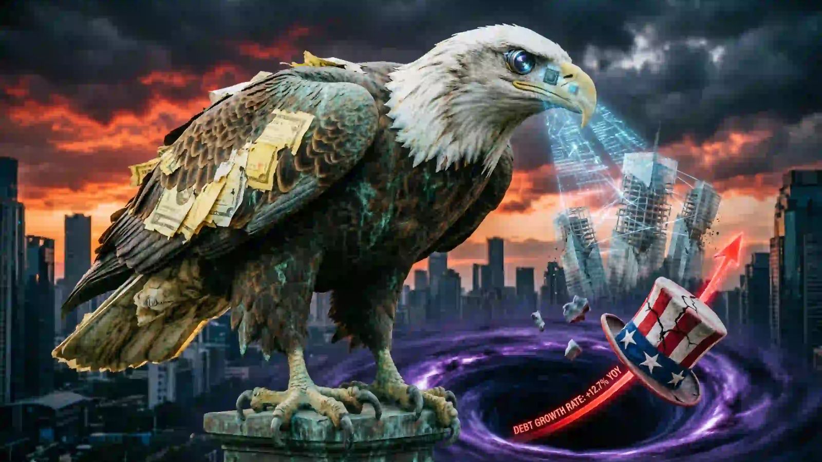 The American Twilight: Debt, AI, and Sovereign Survival Illustration for Alpha Echoes covering The American Twilight: Debt, AI, and Sovereign Survival