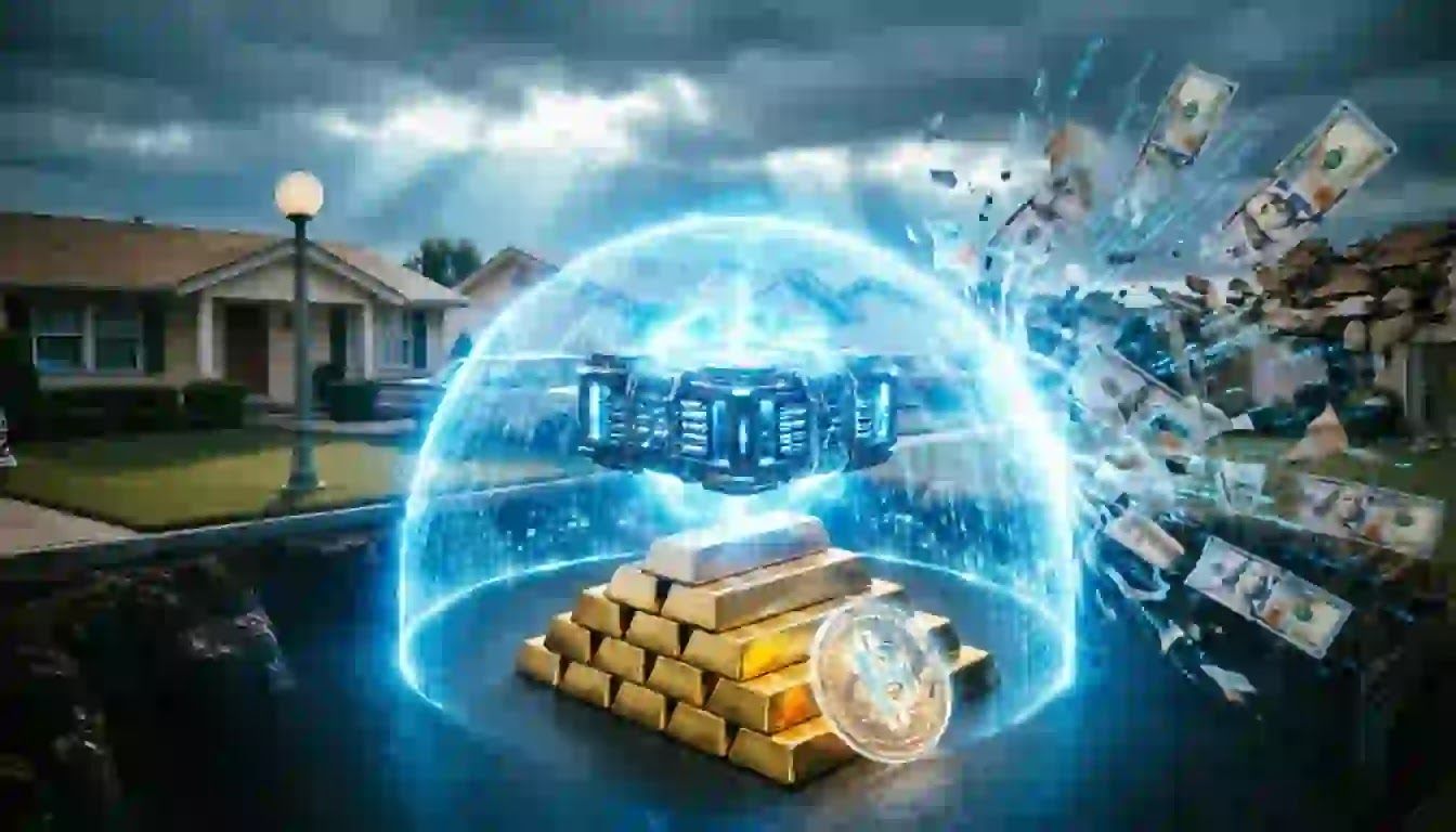 A pristine quantum computing node projecting a protective shield over physical gold and a glowing Bitcoin, safely isolated from a hyper-realistic, decaying suburban neighborhood.