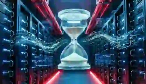 A hyper-realistic cinematic shot of a glowing, futuristic quantum node projecting an impenetrable cryptographic shield over a golden hourglass, actively repelling a storm of red digital debt chains.