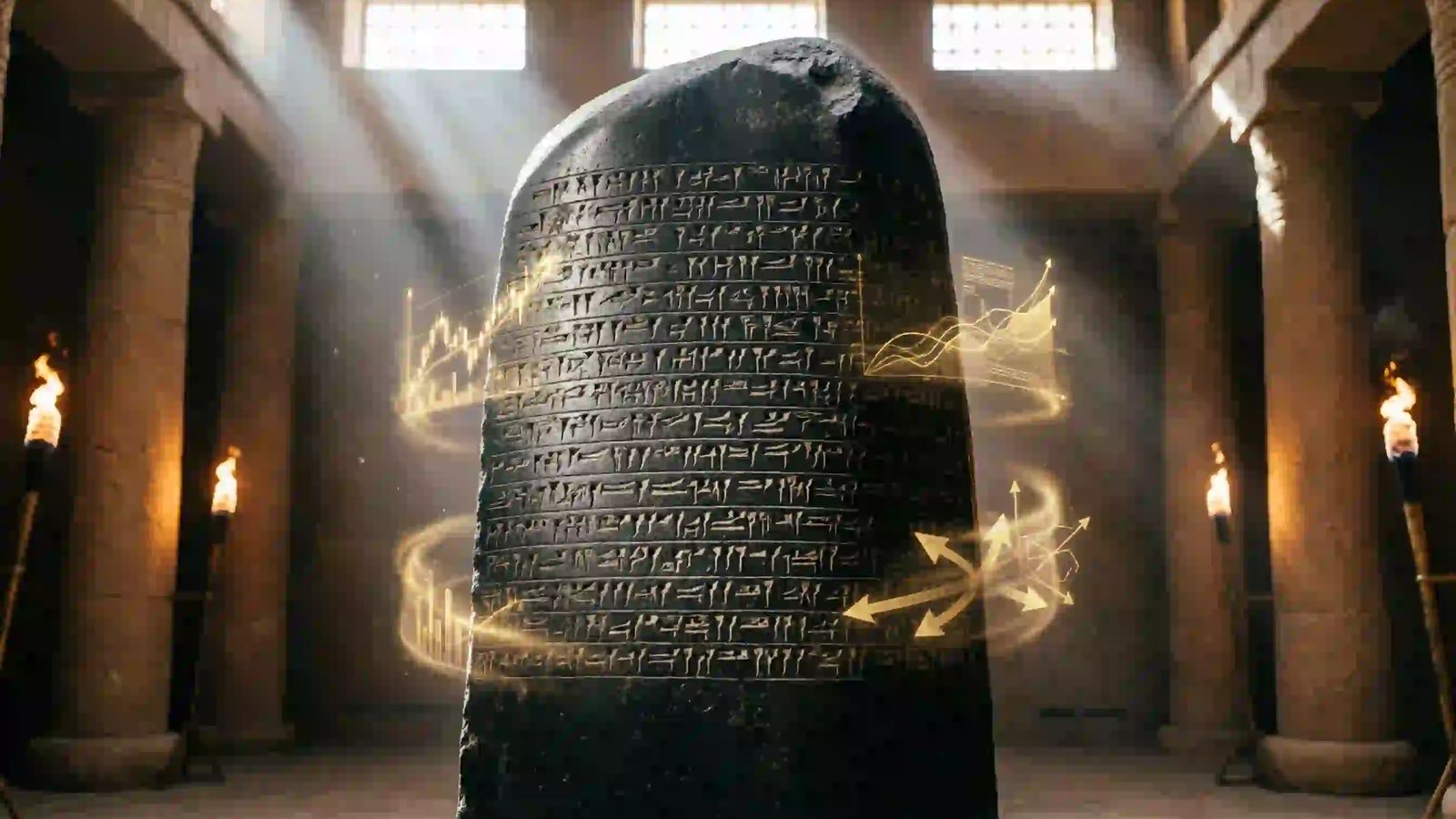 Hammurabi Code: First Financial Regulation The black diorite Stele of Hammurabi engraved with ancient Babylonian cuneiform laws, illuminated by dramatic golden light and subtle modern financial data streams.