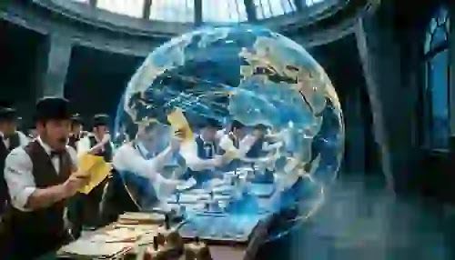 A hyper-realistic cinematic shot of a glowing blue holographic ETF index matrix hovering securely above a crumbling traditional stock exchange floor, 8k resolution.
