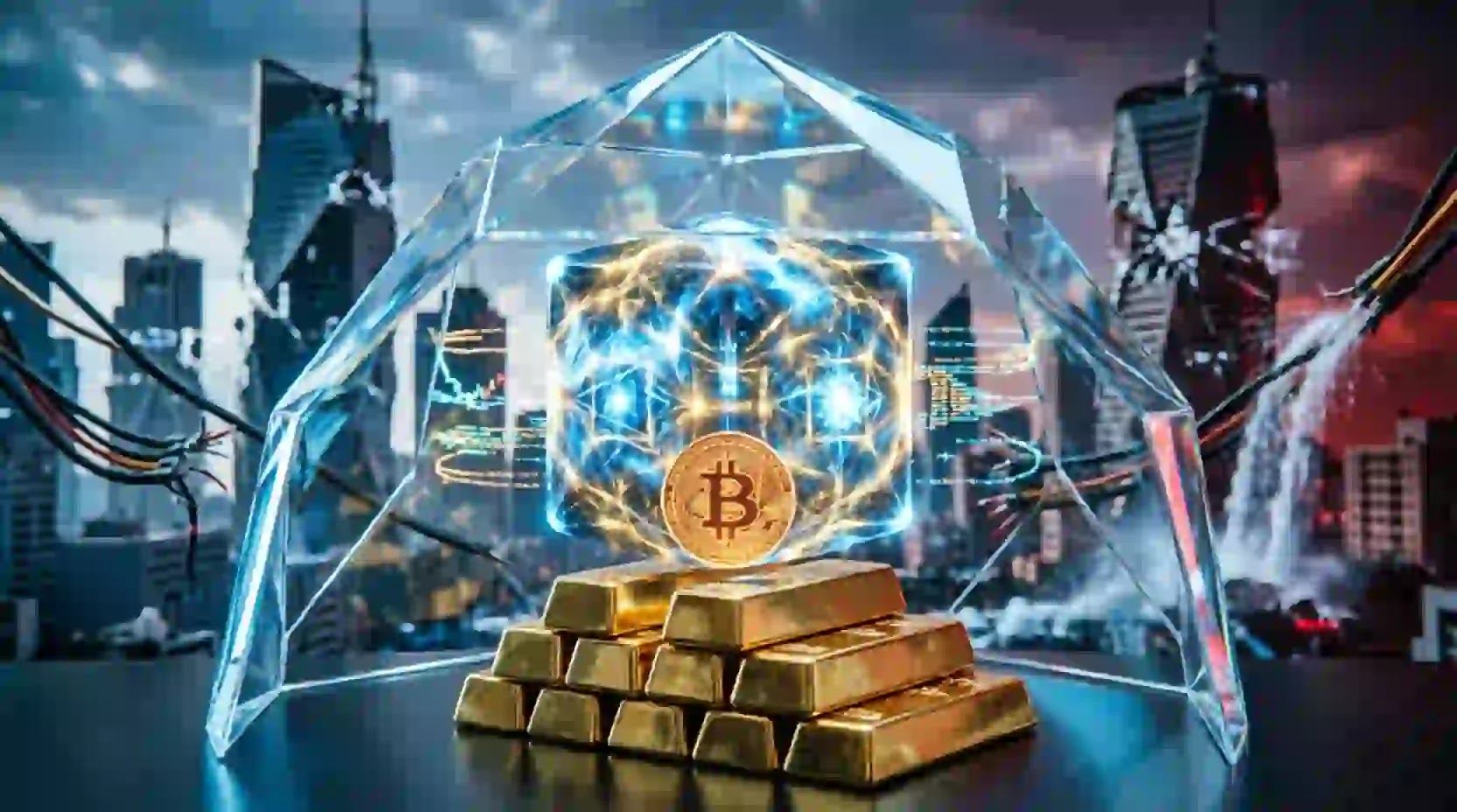 A hyper-advanced quantum computing core projecting a cold blue cryptographic shield over physical gold and a glowing Bitcoin, safely isolated from a crumbling neoclassical monument.