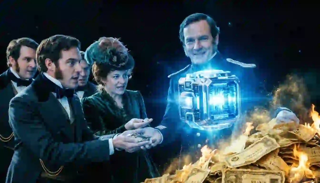 A futuristic glowing digital ledger exposing and shattering a fake paper economy.