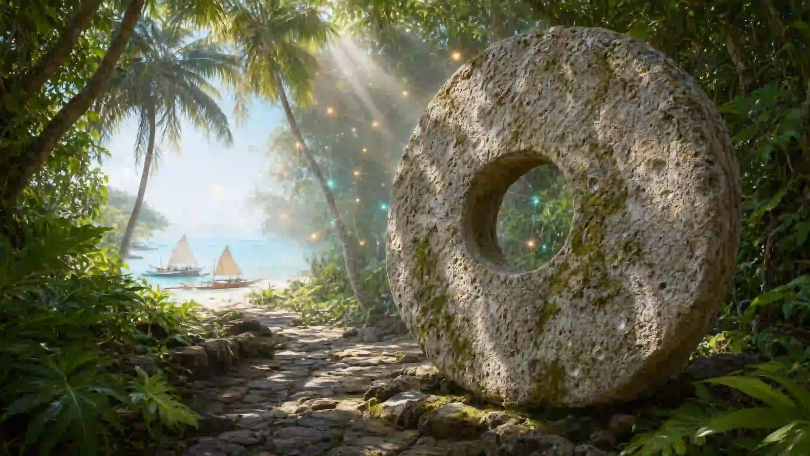 Yap Island & Distributed Ledger Origins A massive ancient stone disk with a center hole standing on a tropical island path, with subtle glowing digital ledger nodes connecting across the scenery.