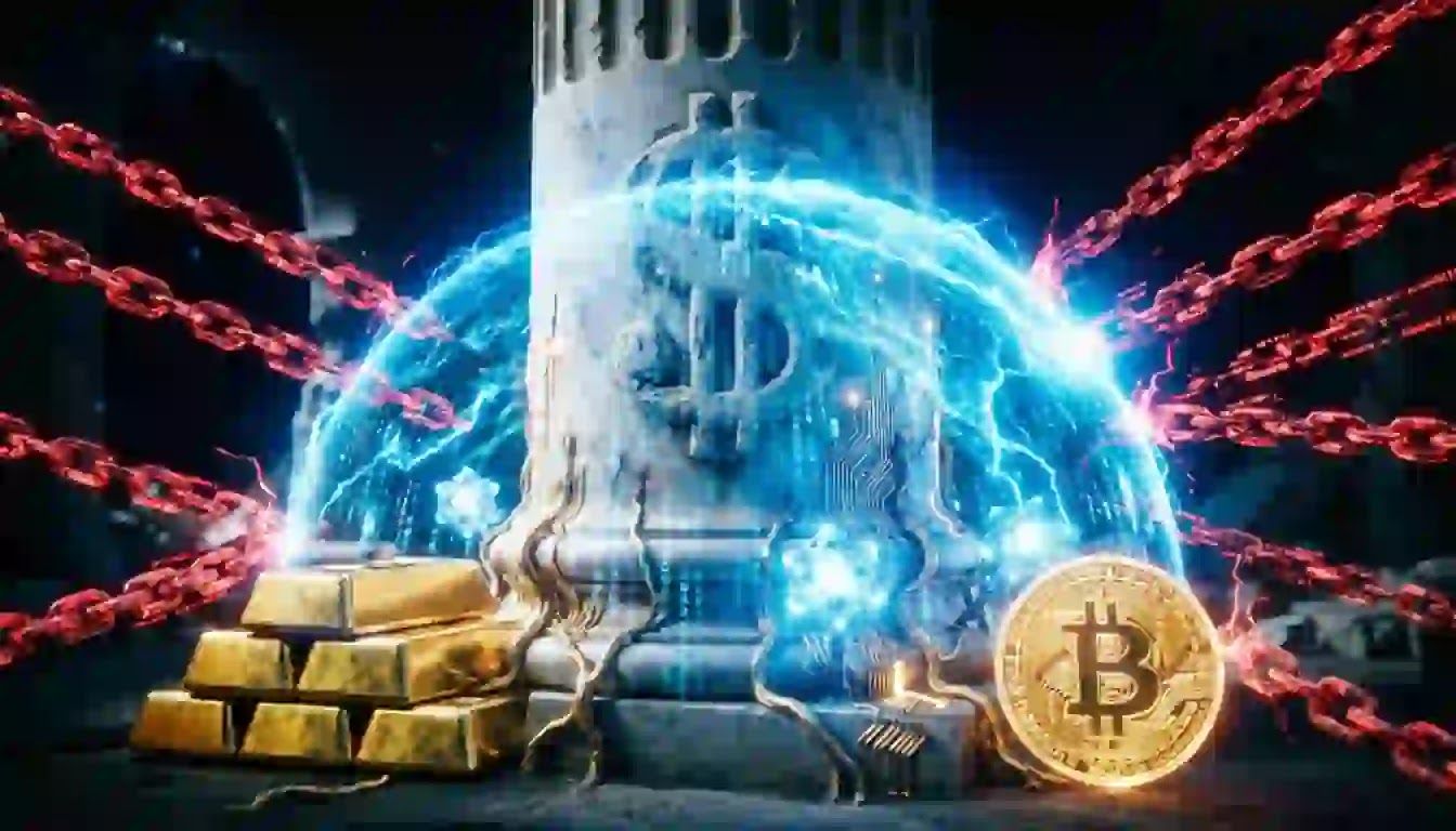 A glowing quantum cryptographic node projecting an impenetrable cold blue shield over a stack of gold bars, deflecting digital red surveillance chains.