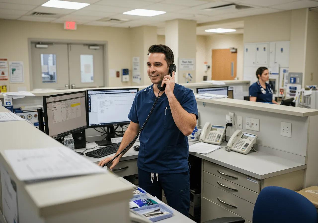 Clinic front desk staff member on a call beside patient check in