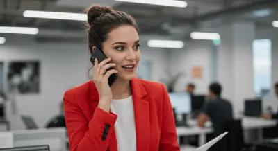 Smiling business woman in a red blazer on a phone call in an office