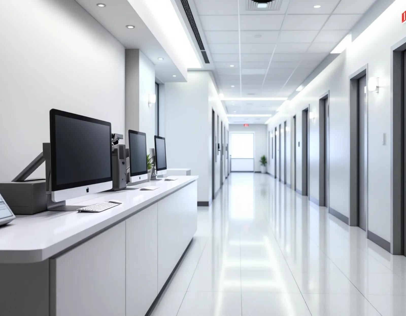 Clean medical clinic nurse station with computer monitors along a bright hallway