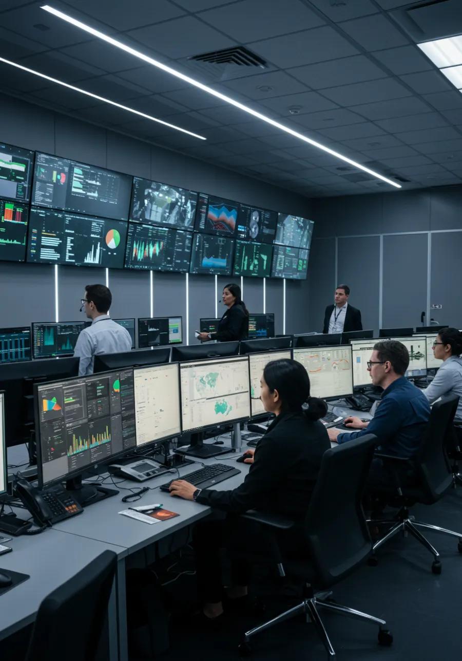 Staff at desks in a network operations center with a wall of monitoring screens