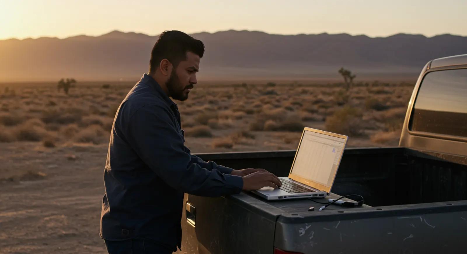 A man works on a laptop from the cab of his truck in the desert