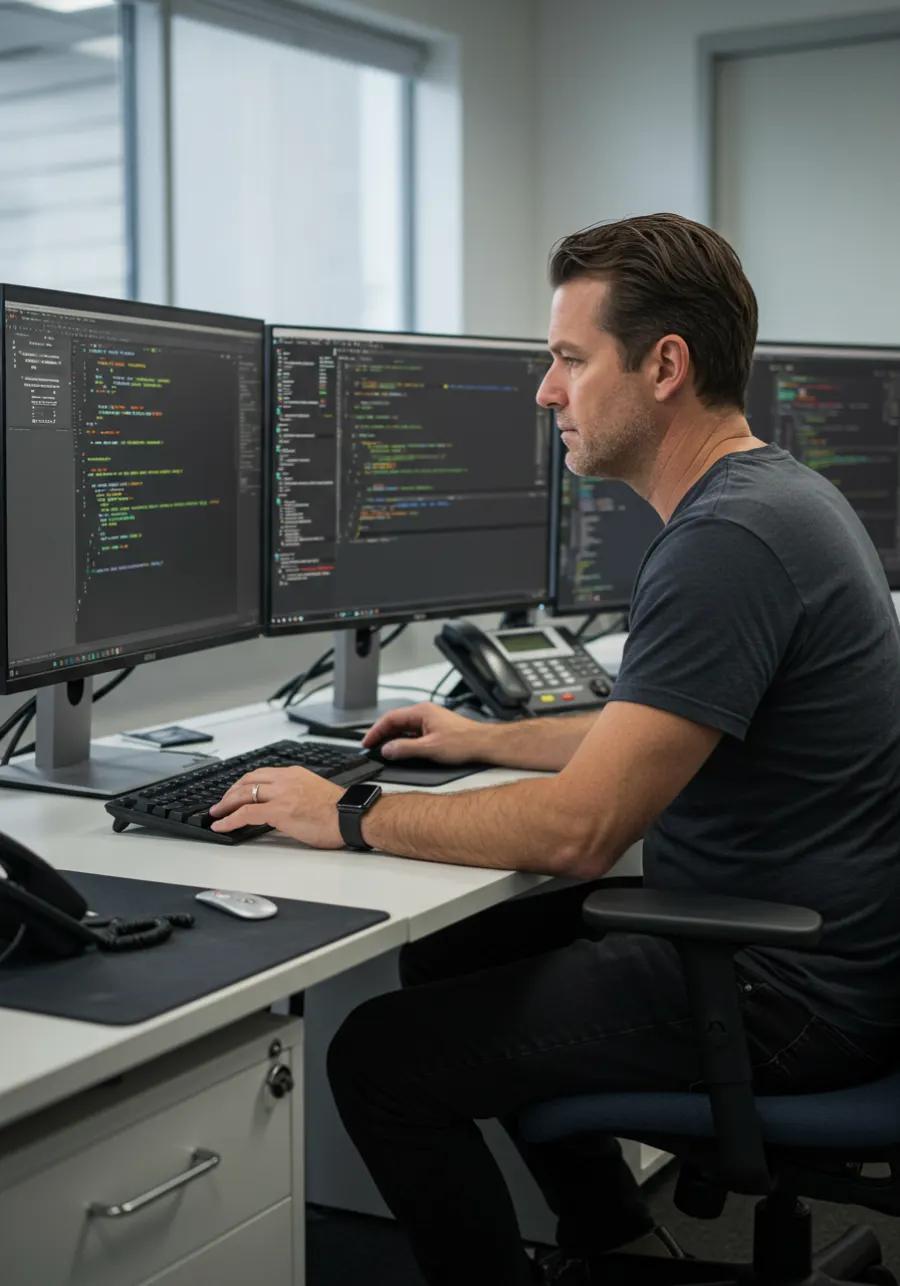 IT engineer working at several monitors of code and dashboards