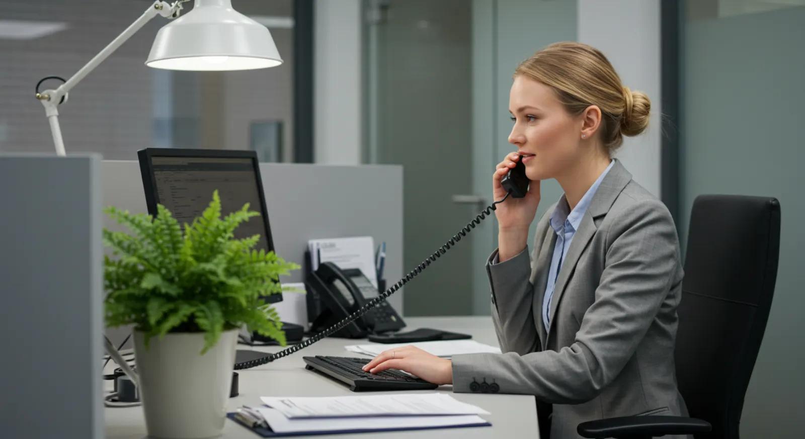Office worker on a desk phone call beside her monitor