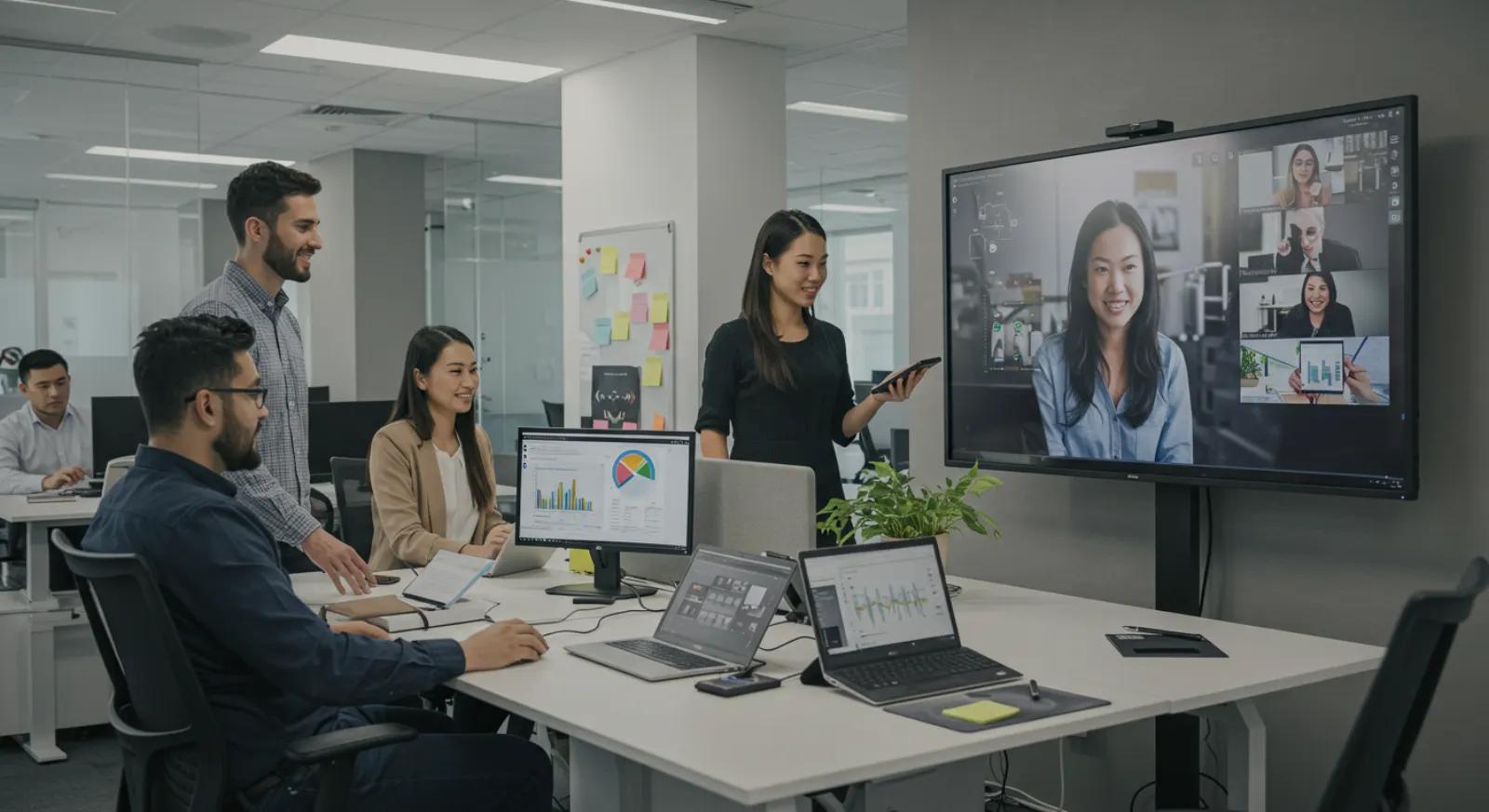 TelcoSolutions team on a video call in a modern office