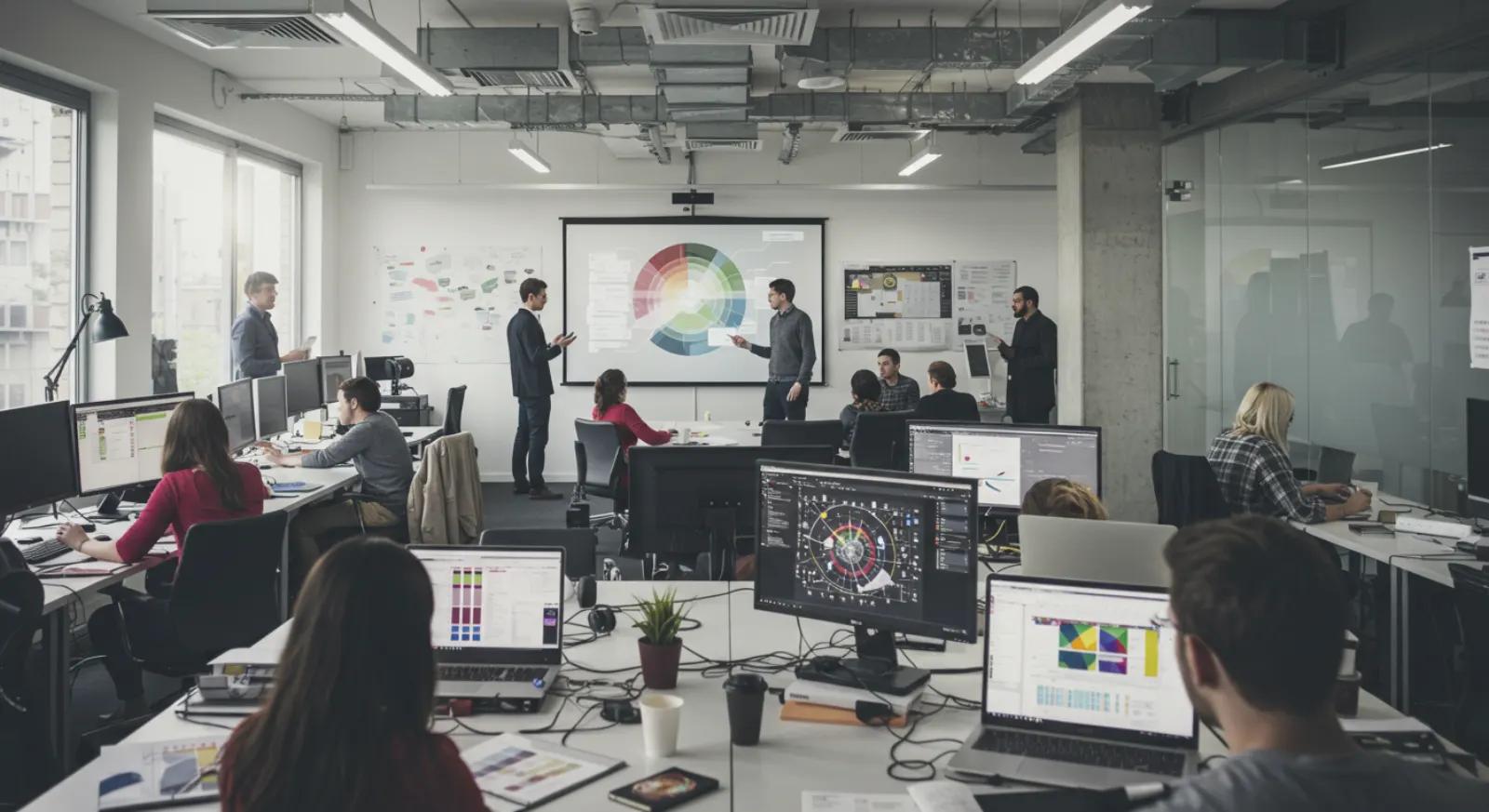 Busy open office with staff at laptops and monitors while a team reviews a chart on a wall screen