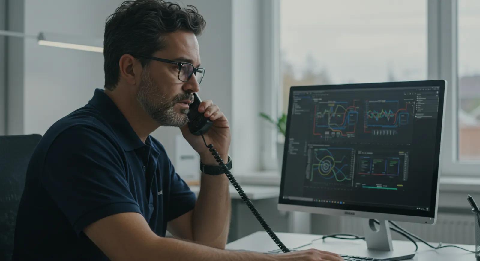 Man in glasses on a desk phone call while watching network charts on a large monitor
