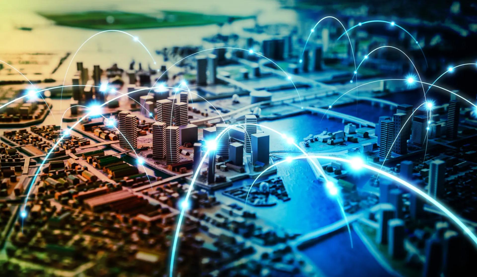 City lights at night with network lines connecting buildings