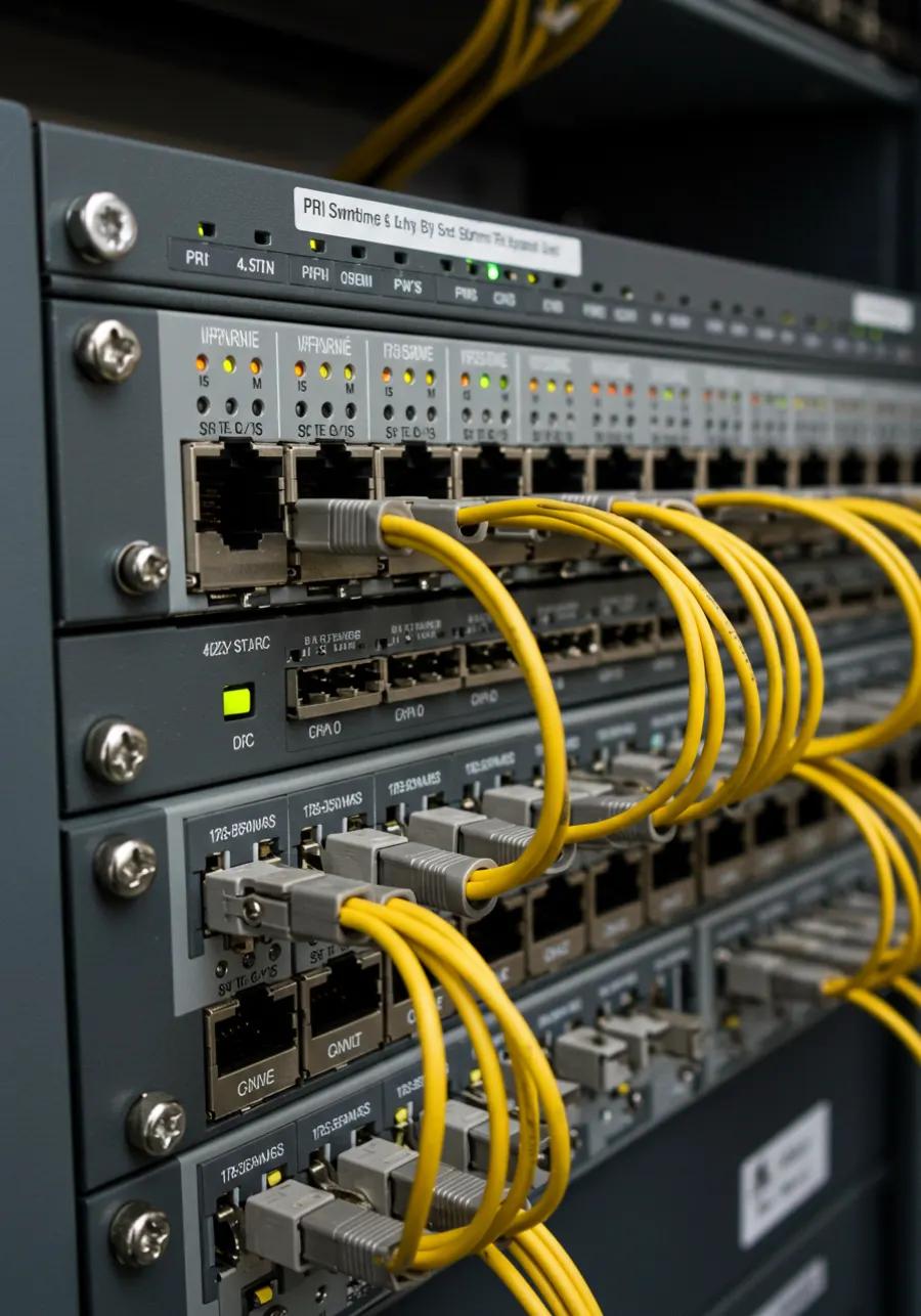 Network switch with rows of yellow patch cables in a server rack