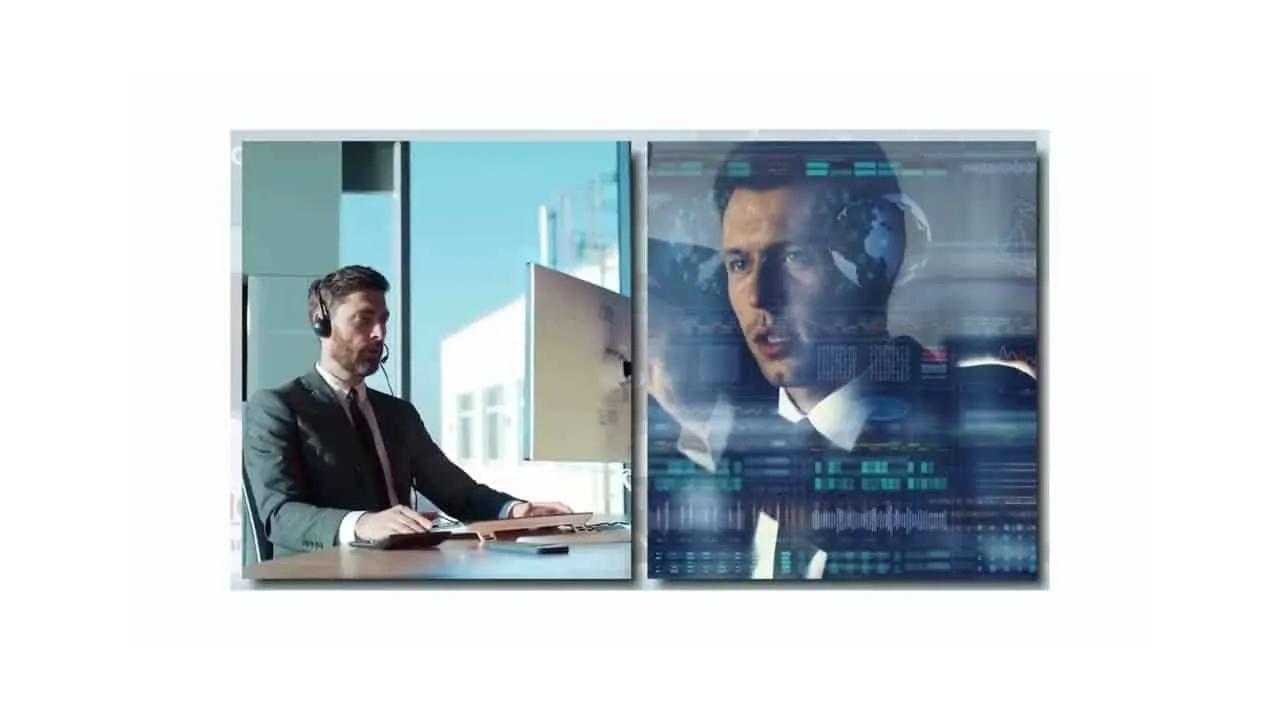 Business person at a desk with a hosted phone dashboard on screen