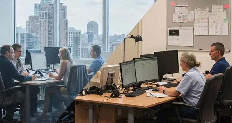Busy open plan office with staff on calls at their desks