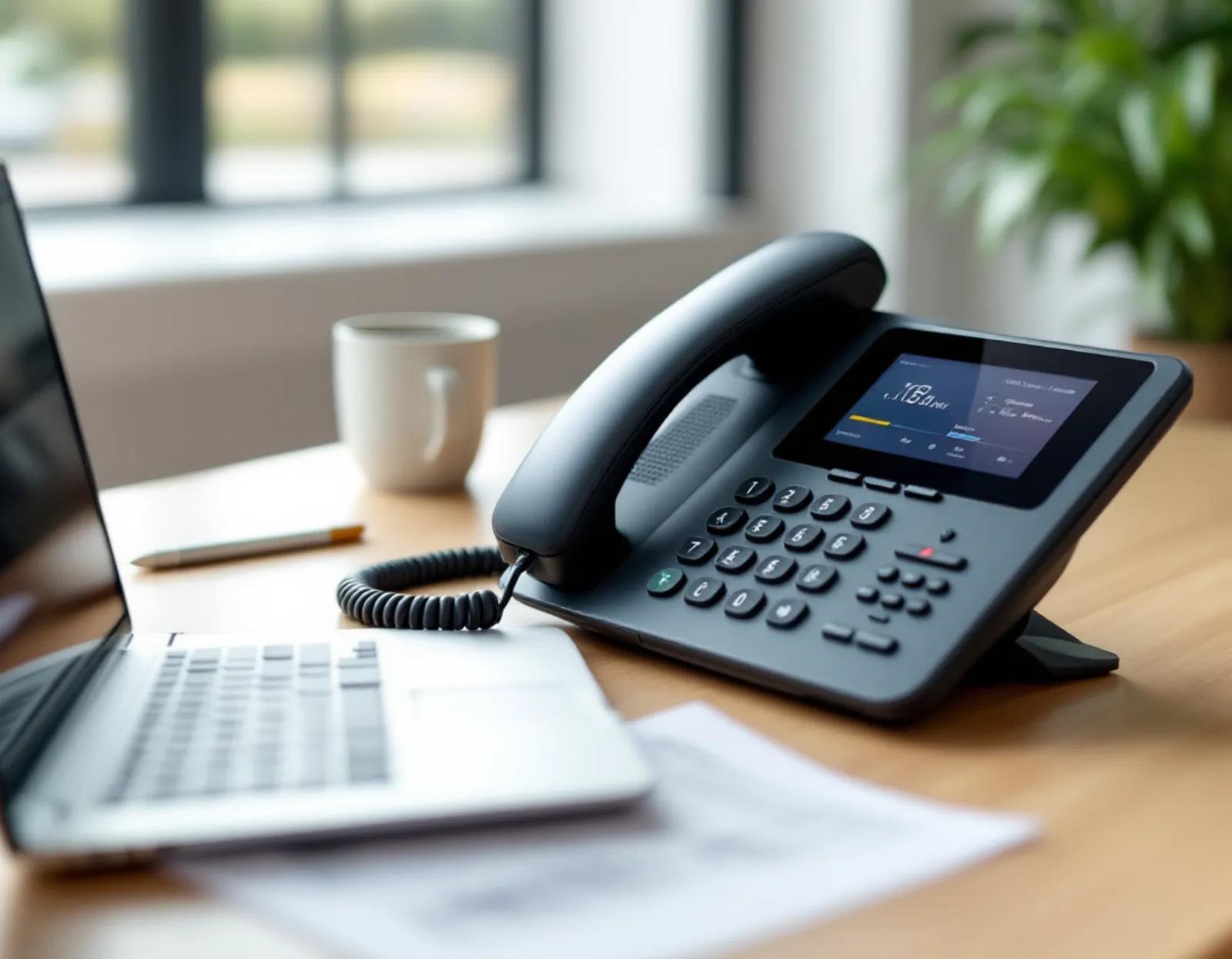 Business VoIP desk phone on an office desk beside a laptop