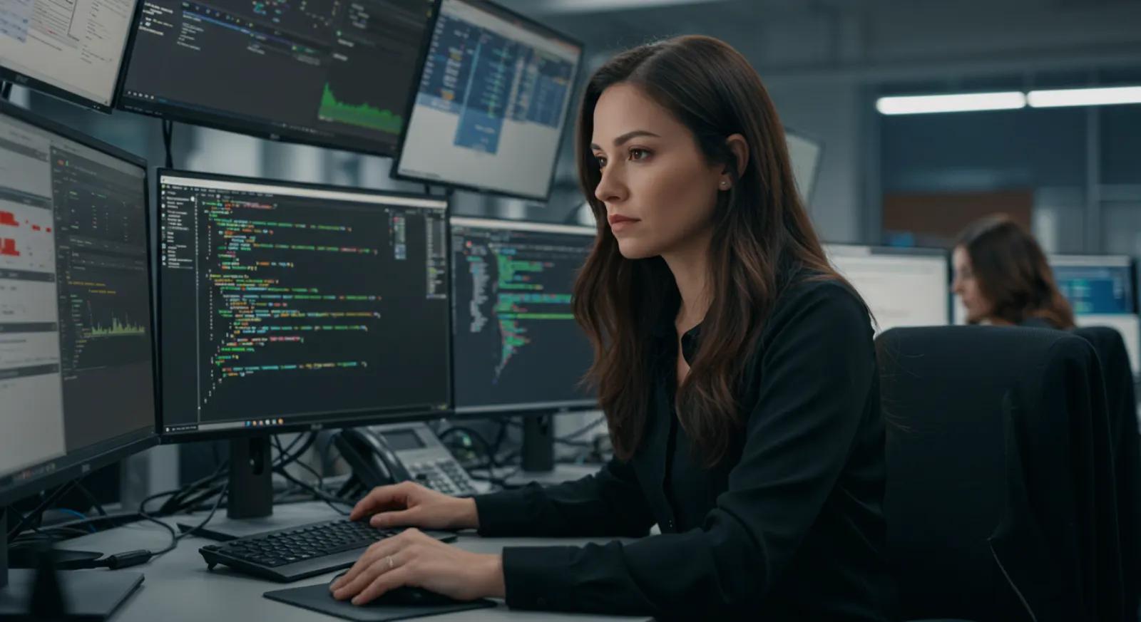 A security analyst reviews code and network dashboards on several monitors in an office