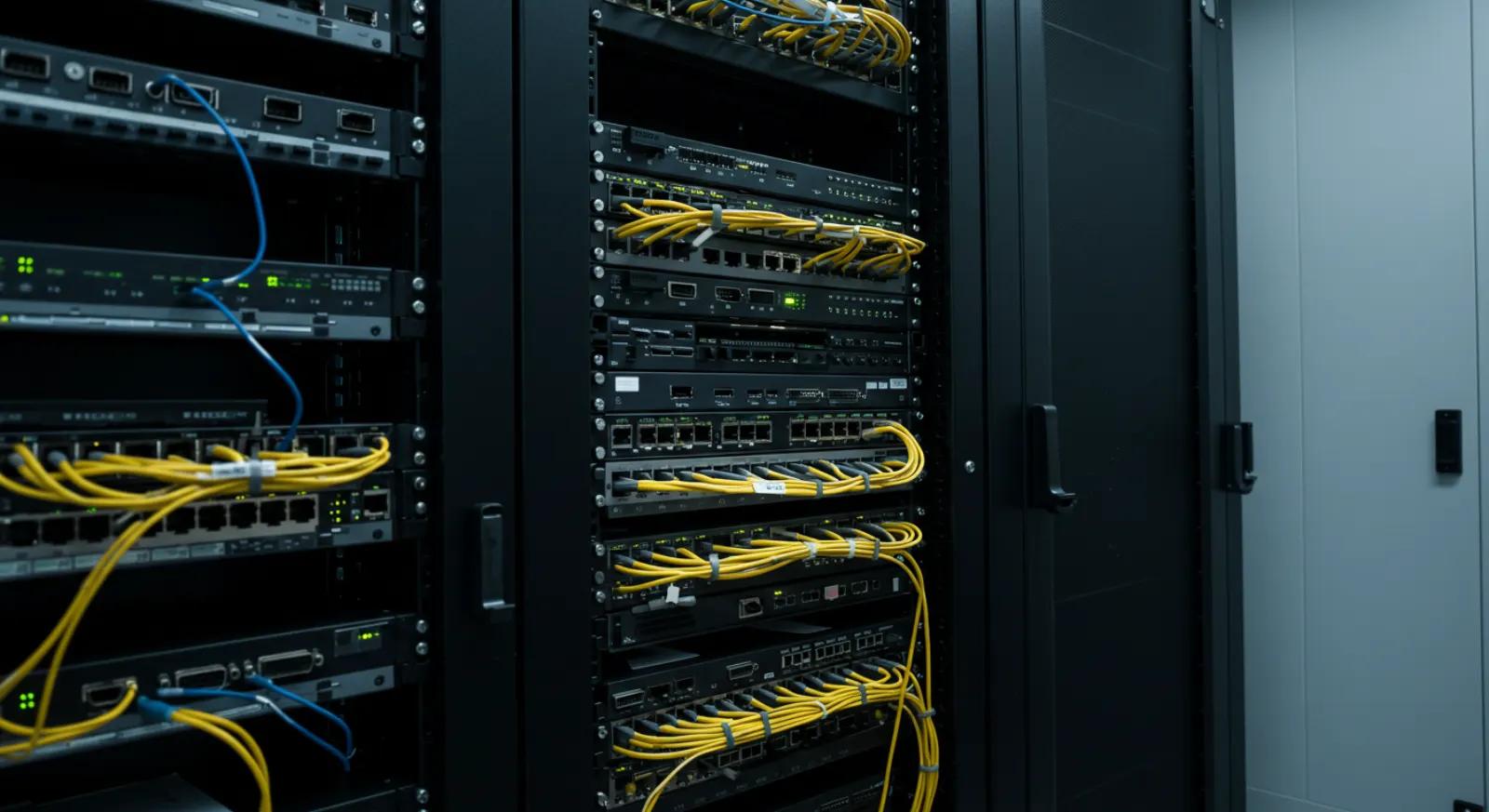 Network equipment racks with yellow fiber patch cables in a server room