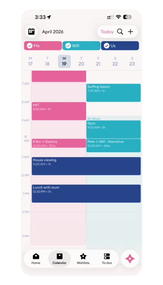 Cupla Day View showing both partners’ events side by side