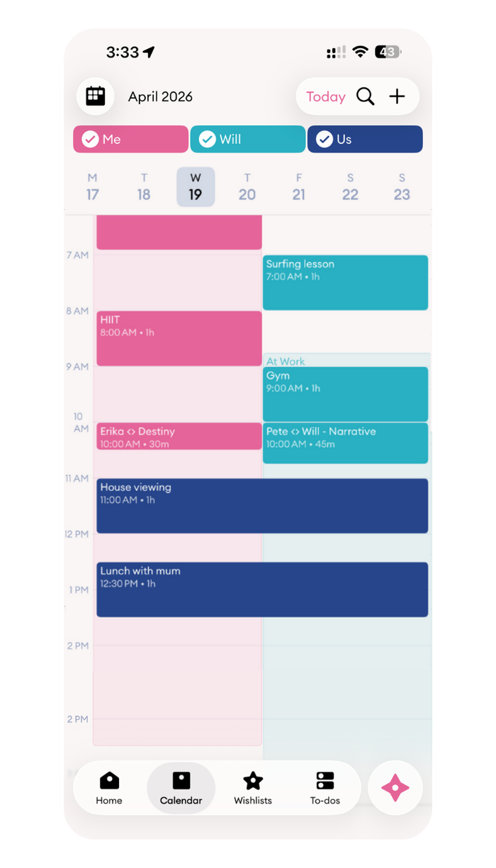 Cupla shared calendar showing colour-coded events for two people