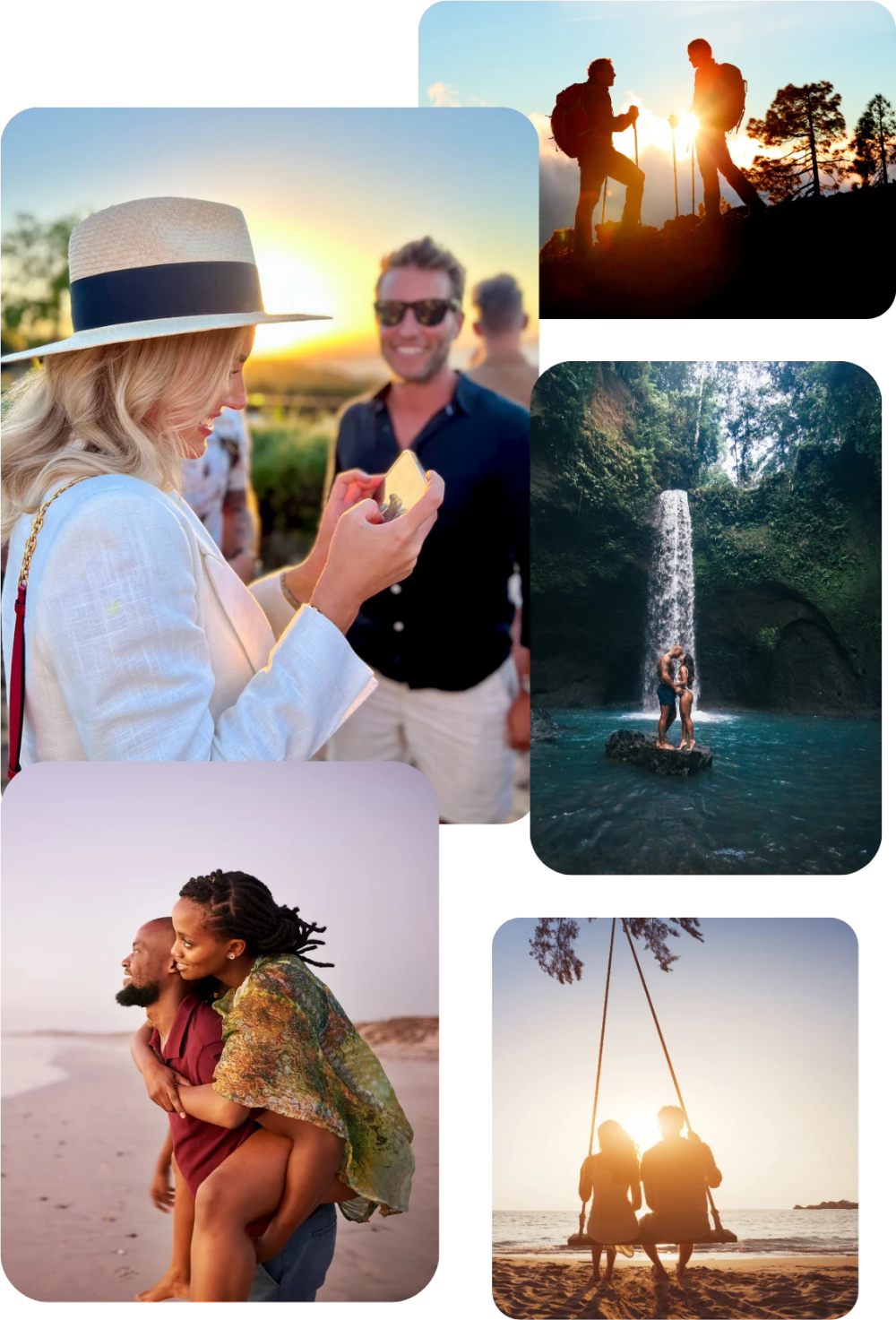 Photos of five couples together — at sunset, hiking, under a waterfall, on a beach and on a swing by the sea