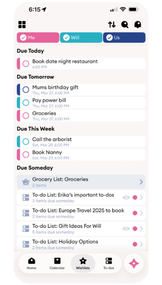 Cupla to-dos and reminders, colour-coded by person and due date