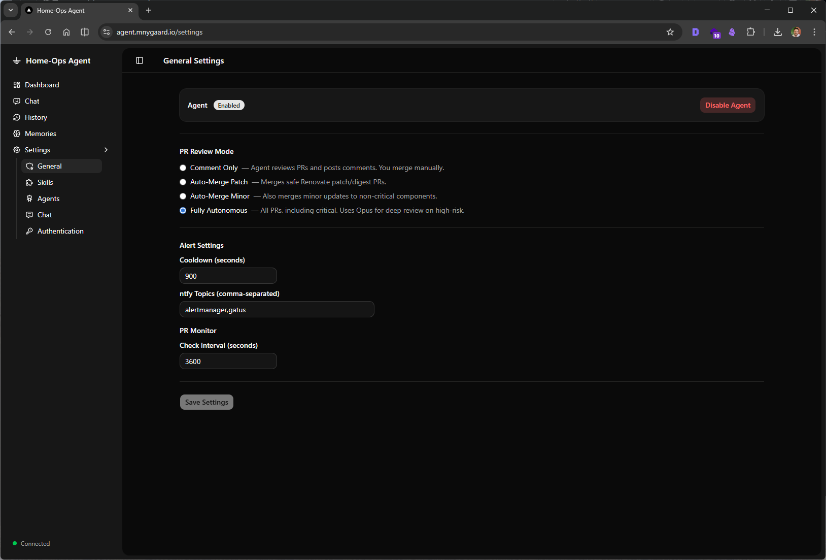 Agentic home lab - Settings General