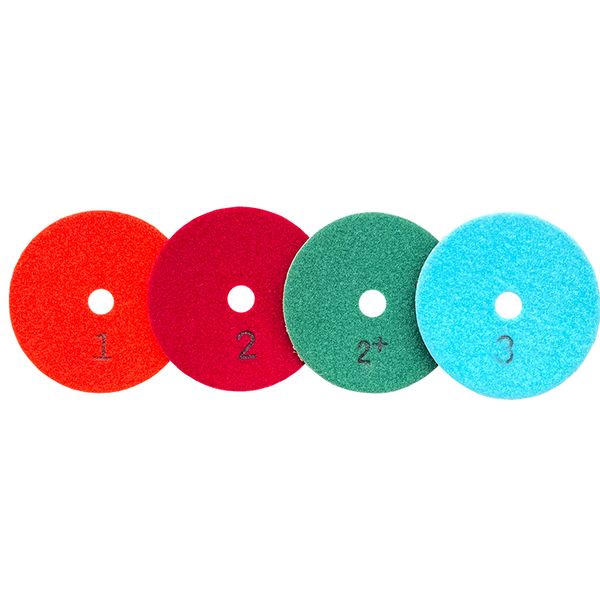 4-step diamond polishing pad set, featuring grit sequence 1, 2, 2+, and 3 for stone finishing.