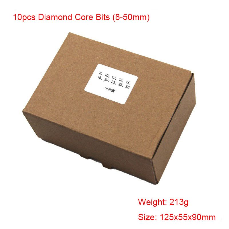 Packaging box for a 10-piece diamond core drill bit set, with sizes ranging from 8mm to 50mm, weighing 213g.