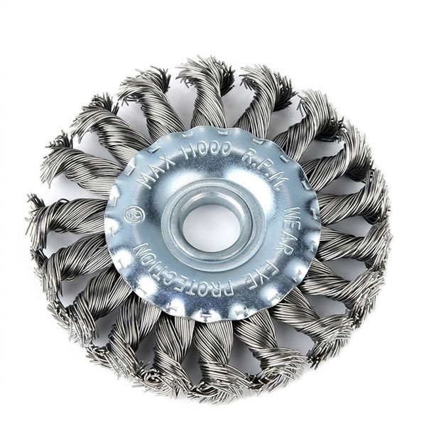 4 inch knotted twist wire wheel brush with arbor hole and scalloped backing plate