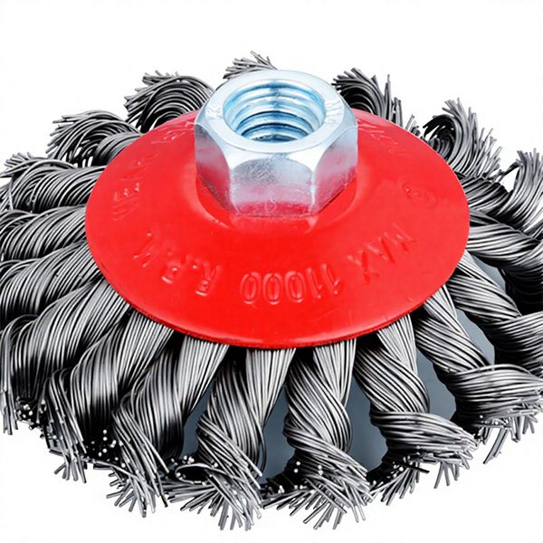 Knotted twist bevel wire brush with red metal cup and threaded nut for heavy weld cleaning