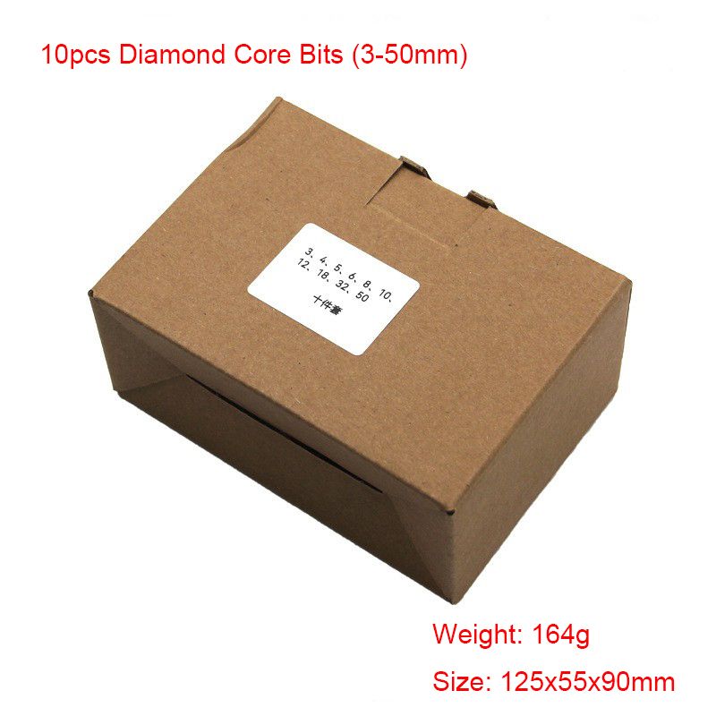 Packaging box for a 10-piece diamond core drill bit set, with sizes ranging from 3mm to 50mm, weighing 164g.