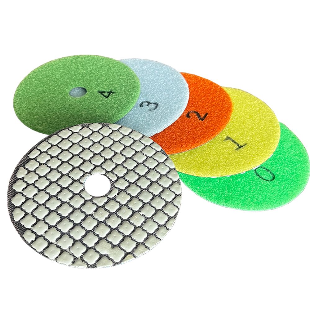Mesh-surface 6-step dry diamond polishing pads for efficient debris removal on stone surfaces.