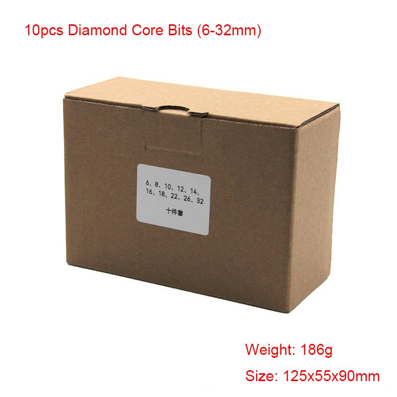 Packaging box for a 10-piece diamond core drill bit set, with sizes ranging from 6mm to 32mm, weighing 186g.