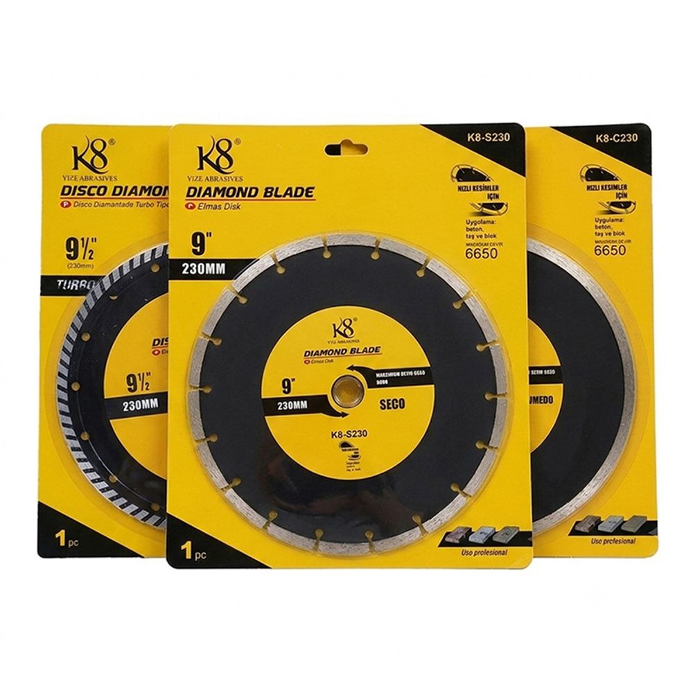 Full range of 230mm diamond saw blades including turbo, segmented, and continuous types