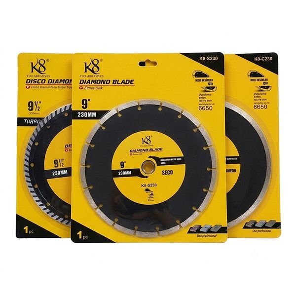 Full range of 230mm diamond saw blades including turbo, segmented, and continuous types