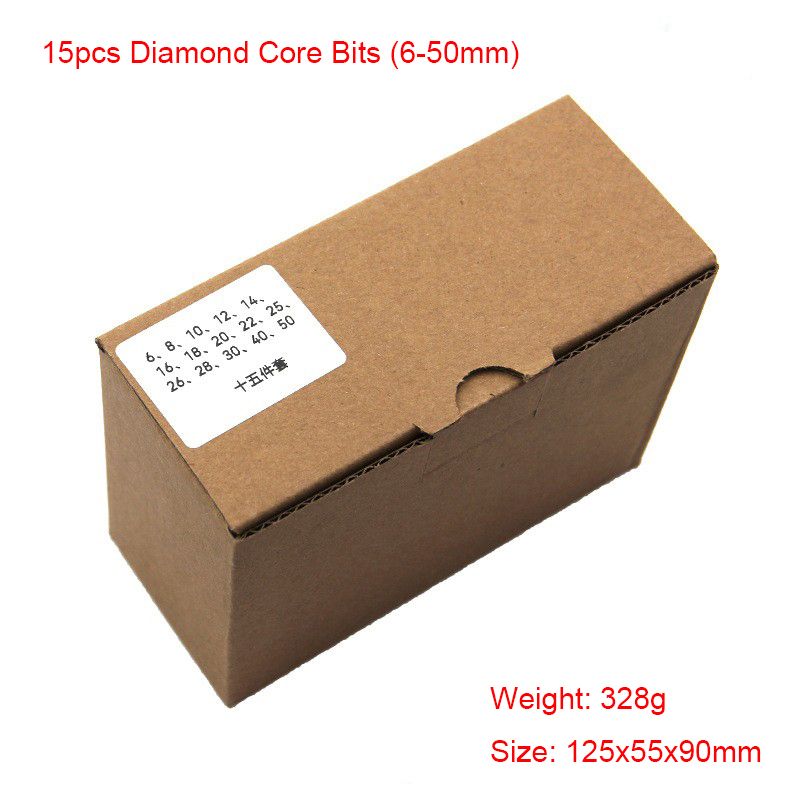 Packaging box for a 15-piece diamond core drill bit set, with sizes ranging from 6mm to 50mm, weighing 328g.