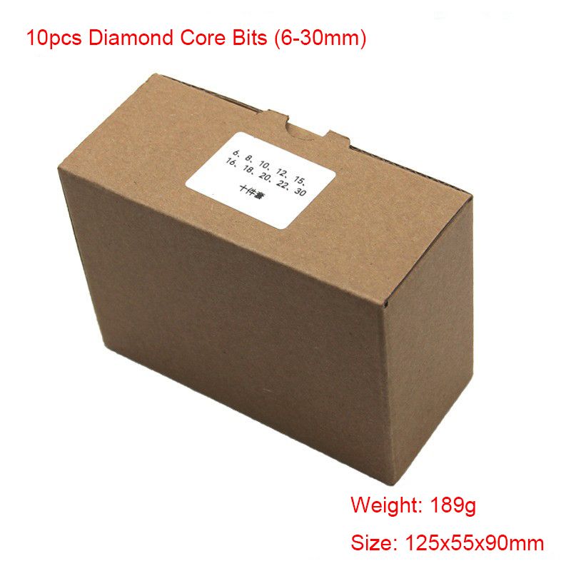 Packaging box for a 10-piece diamond core drill bit set, with sizes ranging from 6mm to 30mm, weighing 189g.