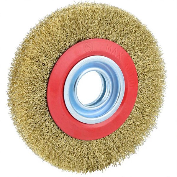 Heavy duty wide face brass crimped wire wheel brush with red metal ring plate for rust removal