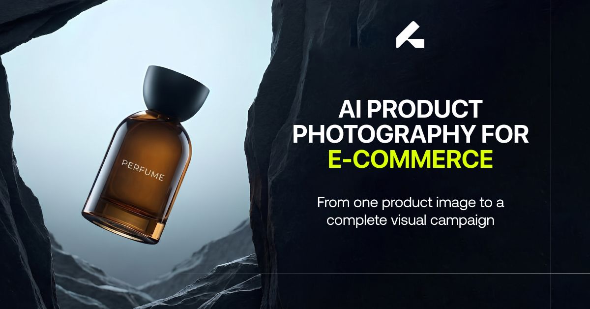 AI-generated product photography of a perfume bottle for an e-commerce campaign.