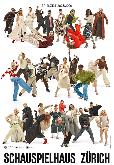 A poster for Schauspielhaus Zürich's 2025/2026 season, showing a large, diverse group of people in dynamic, expressive poses against a white background.