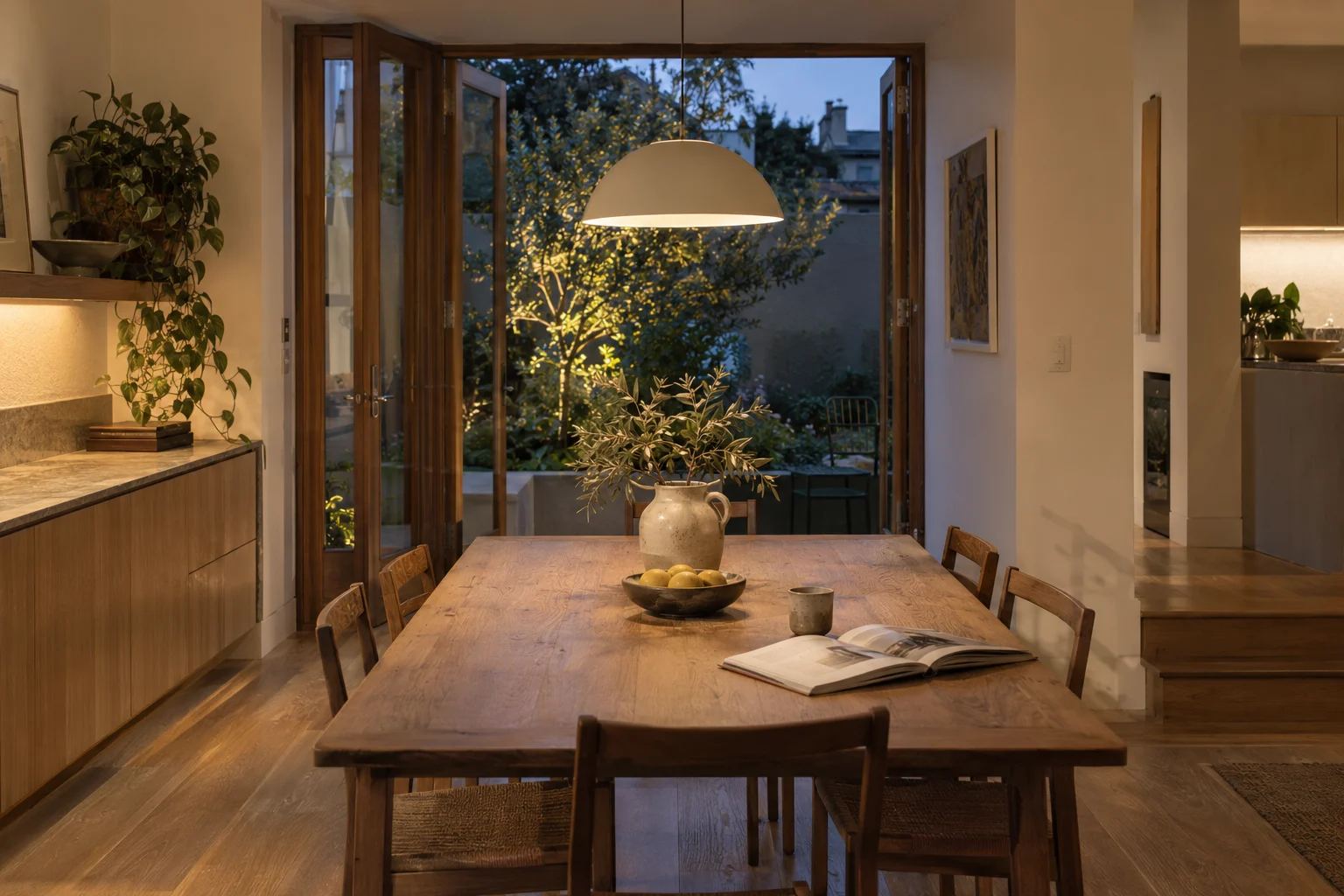 Illustrative terrace dining room with a warm pendant light, timber table and courtyard doors.