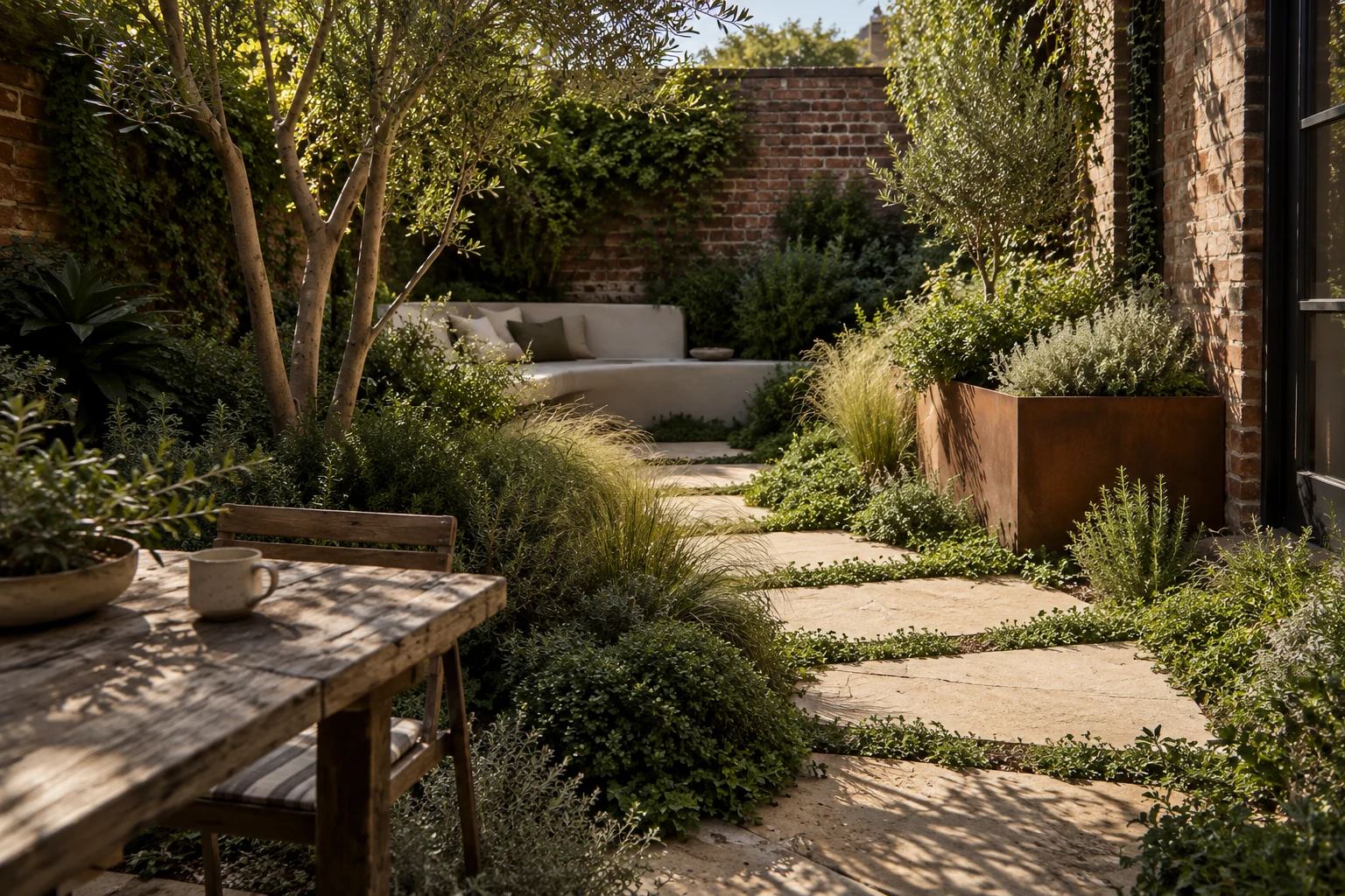 Illustrative courtyard garden with sandstone steps, layered planting and a curved garden seat