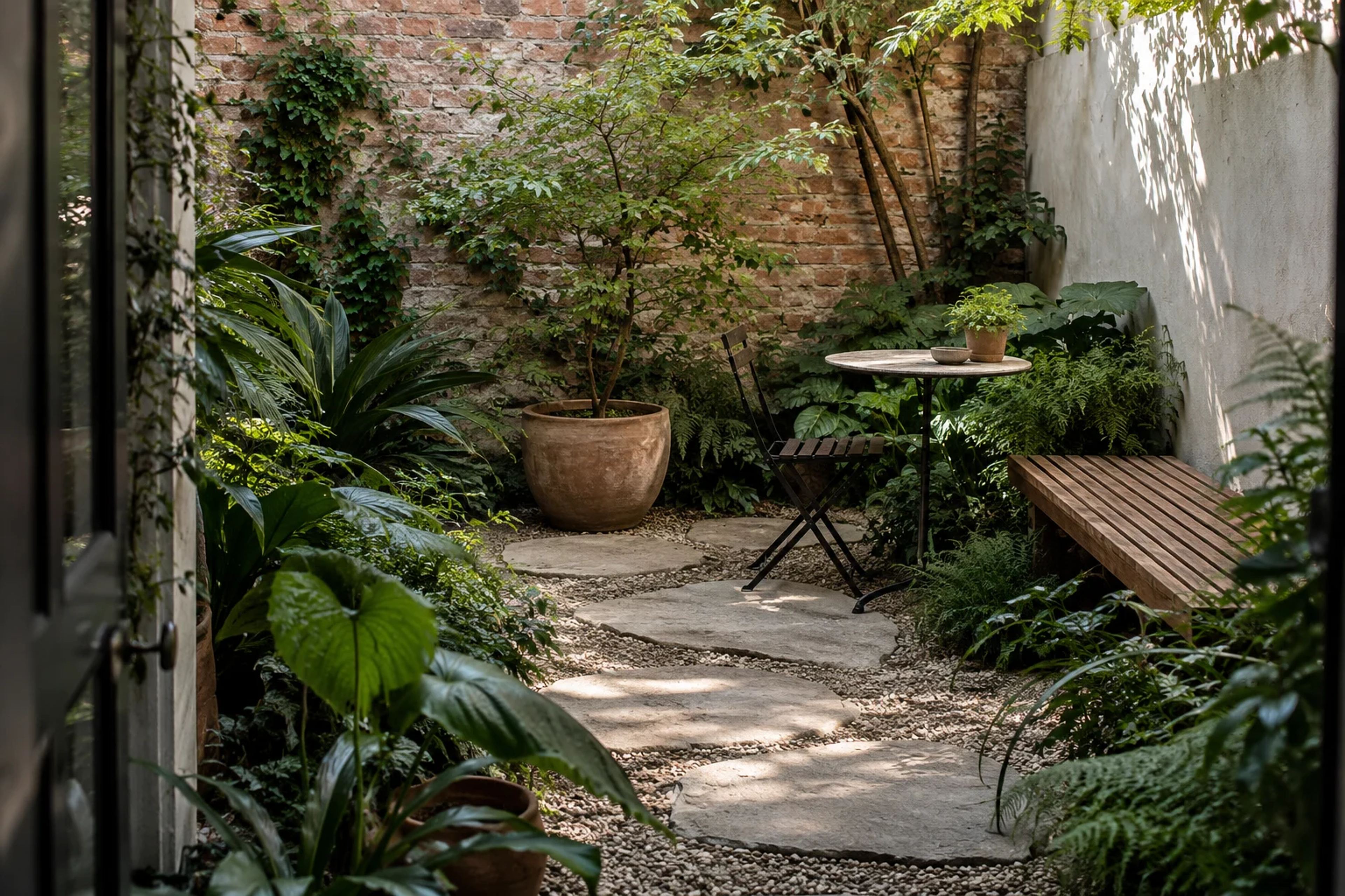 Illustrative shaded courtyard with a timber bench, terracotta pot and leafy planting