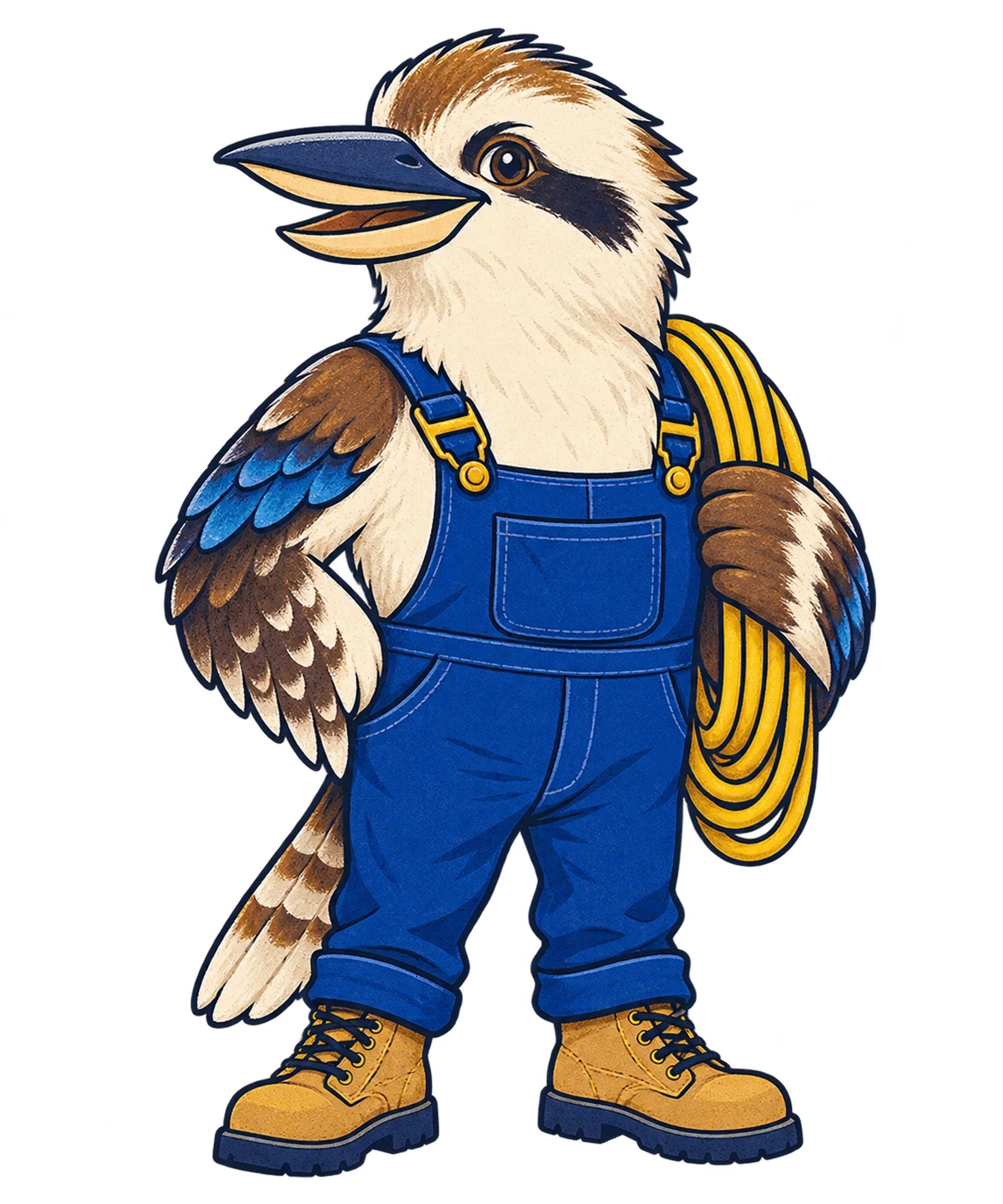 Pip, a friendly illustrated kookaburra in blue work overalls carrying a coiled yellow cable.