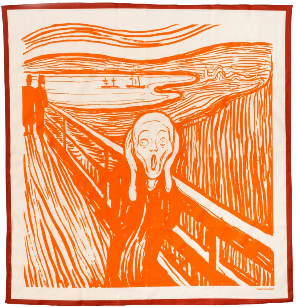 The Skrik scarf in the orange colourway, laid flat — Munch’s image at full intensity on cream cotton